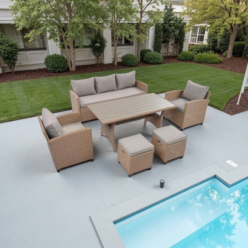 6-Piece Outdoor Wicker Sofa Set with Chairs, Stools, Thick Cushions and Dining Table, PE Rattan Patio Furniture - Natural