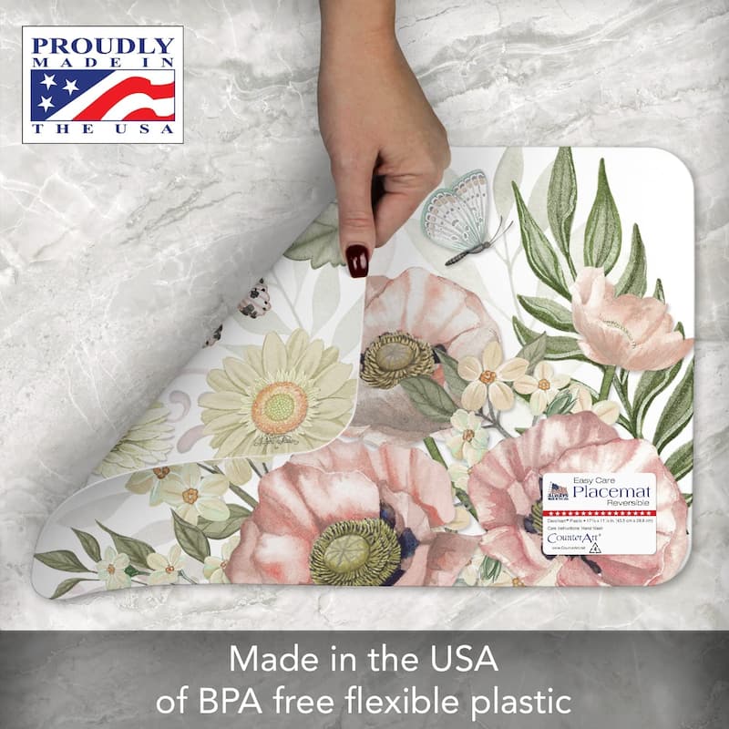 CounterArt Boho Butterfly Reversible Easy Care Flexible Plastic Placemat 4 Pack Made in The USA