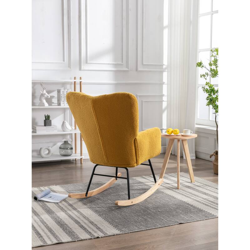 Teddy Fabric Upholstered Glider Rocker, Reading Chair with Thick Padded Seat, High Backrest Armchair with Wooden Legs