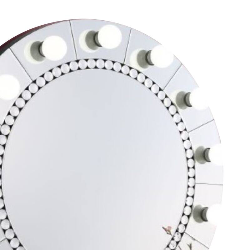 Rose 32 Inch Round Lighted Mirror, 11 Bulb Sockets, Faux Diamonds, Silver