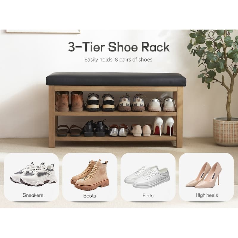 HUIMO Multi-Functional Solid Wood Bench with Storage Shelves 46in/39in/31in