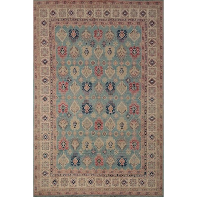 Hand Knotted Oriental 100% Wool Carpet Traditional Geometric Navy Blue & Blues Kazak Area Rug - 11' 10'' X 9' 0''