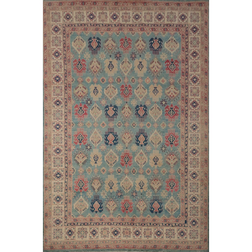 Hand Knotted Oriental 100% Wool Carpet Traditional Geometric Navy Blue & Blues Kazak Area Rug - 11' 10'' X 9' 0''