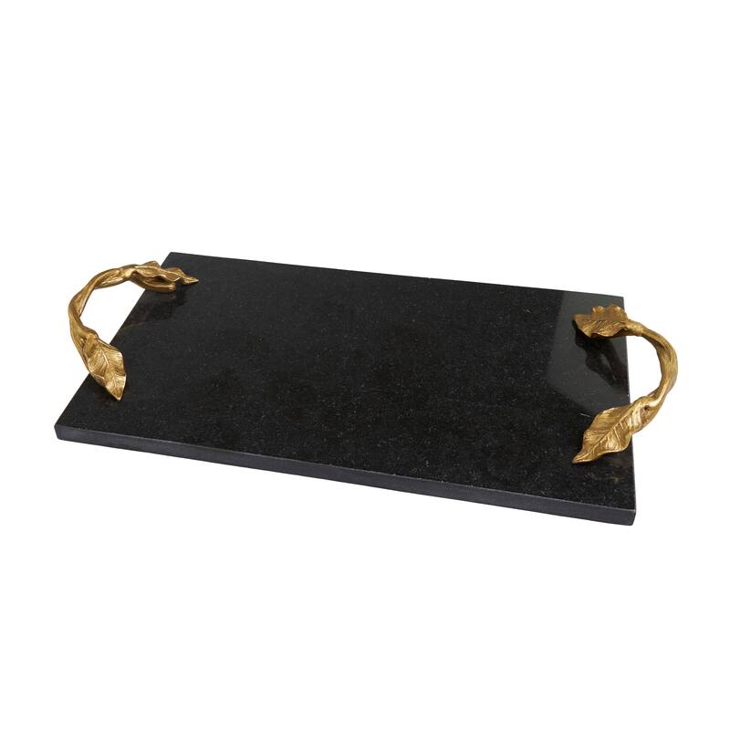 Black Marble Oval or Rectangle Tray with Gold Leaf Handles - Black - Rectangle