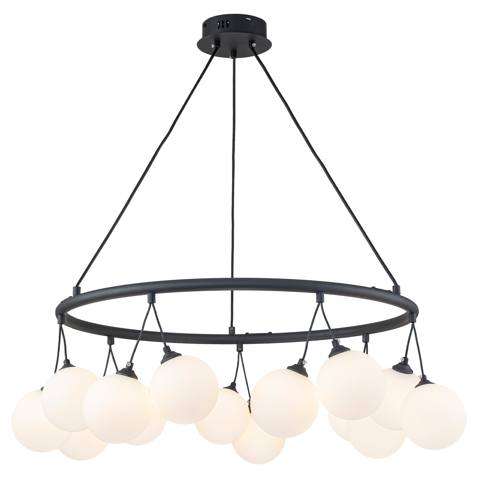 14-Light Black Ring Cluster Chandelier Frosted Milky White Glass Globe - Dia.32.28-in