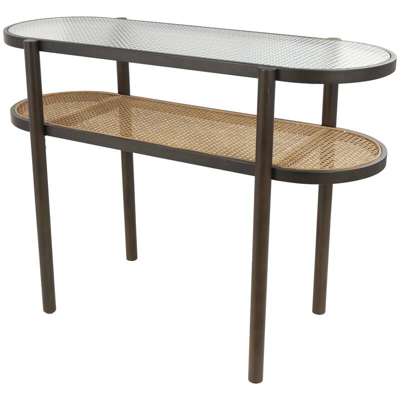 Rattan Oval 1 Shelf Console Table with Pressed Tempered Glass Top and Metal Legs - Brown - Roche River Decor - Brown