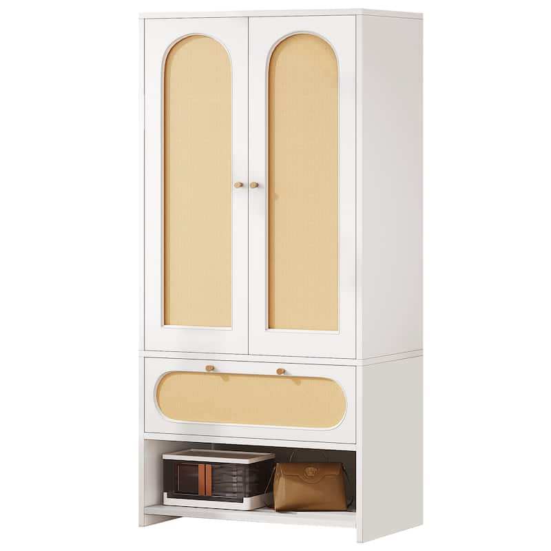 Moasis 70" Rattan Armoire Bedroom Wardrobe with Drawer & Hanging Rod - White