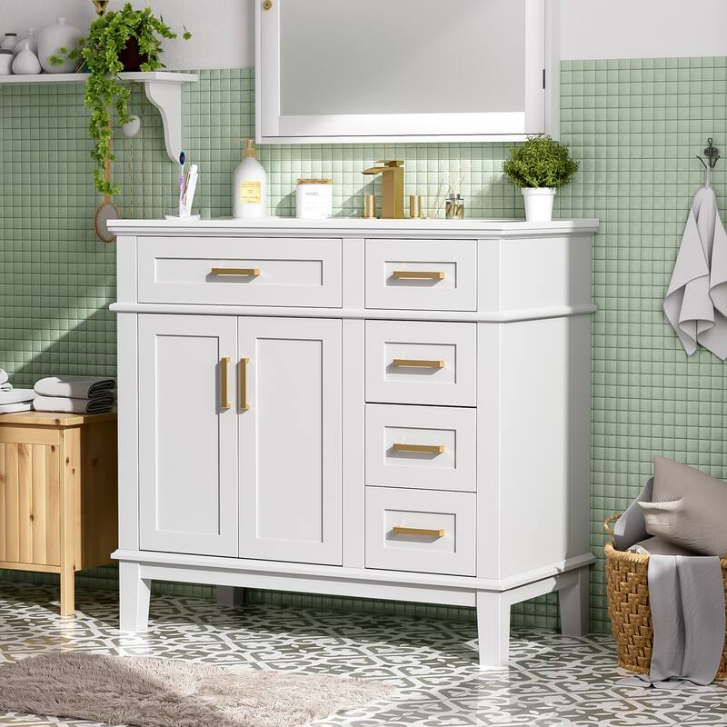 36" White Modern Bathroom Vanity with Ceramic Sink,Soft-Close Door,and 4 Storage Drawers