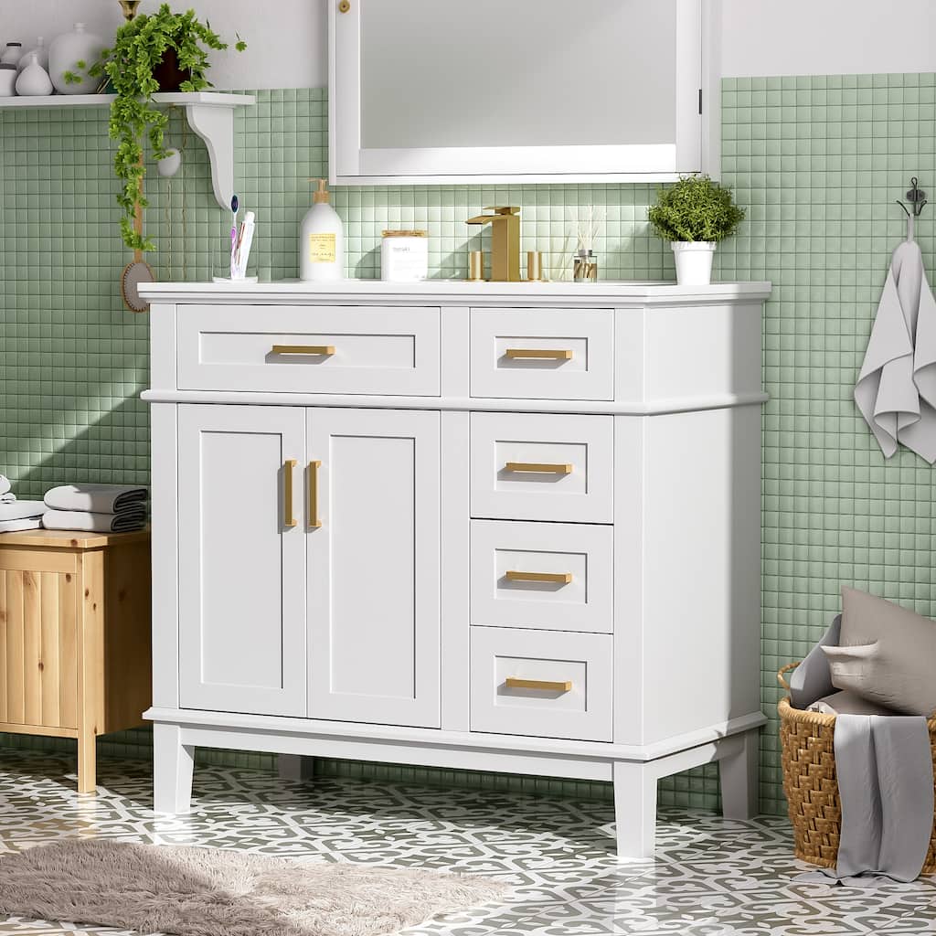 GDFStudio - Elysia Modern 36" Freestanding Bathroom Vanity with Ceramic Sink, Soft-Close Doors & 4 Drawers