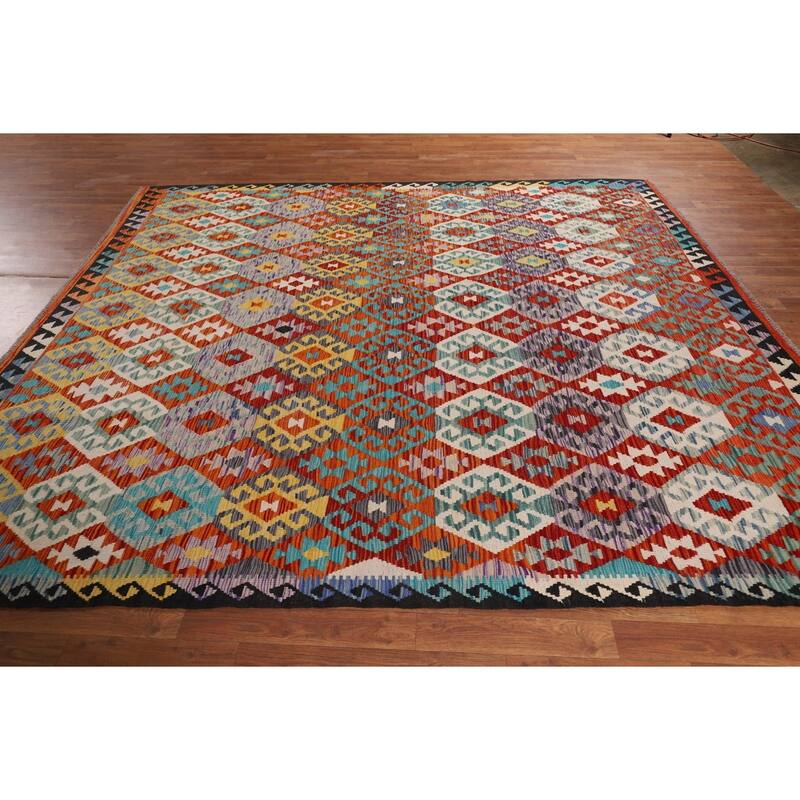 Reversible Kilim Area Rug Hand-Woven Geometric Oriental Wool Carpet - 8'1" x 9'9"