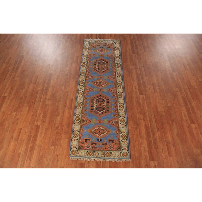 Blue Geometric Viss Indian Runner Rug Handmade Wool Carpet - 2'6"x 7'11"