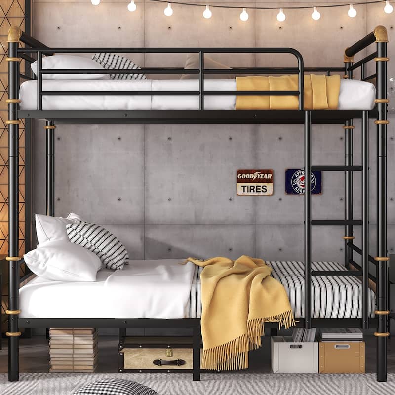 Metal Bunk Bed Retro Bed Frame with Ladder and Guardrail, Industrial Detachable Bunkbeds Convertible to 2 Platform Beds Frame