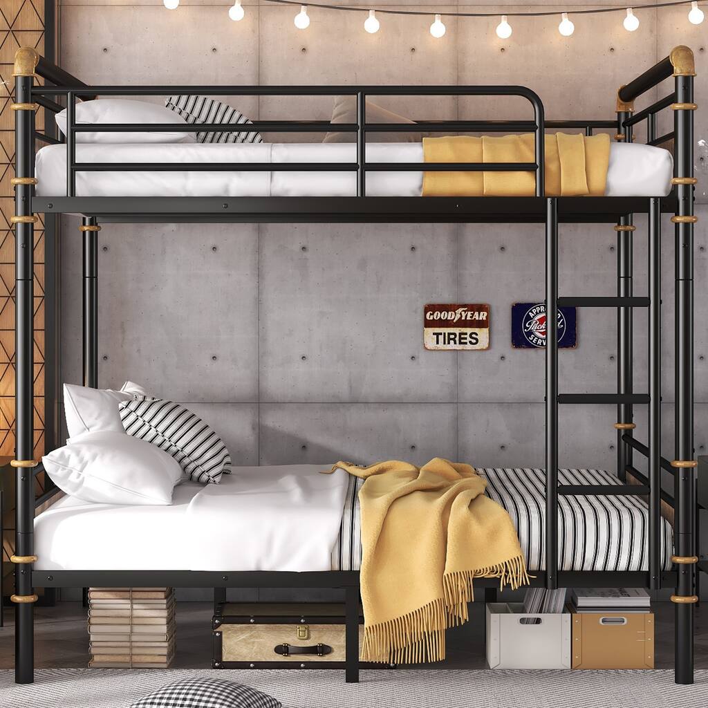 Stacked Metal Bunk Bed - Industrial Design With Removable Safety Rails