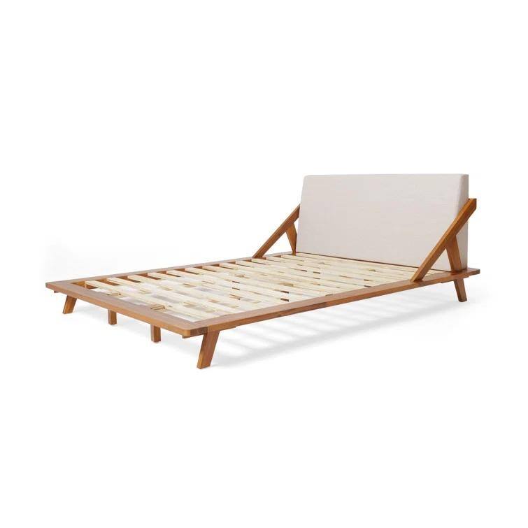 Roomfitters Modern Queen Size Upholstered Platform Bed with Wooden Frame, Beige+Natural