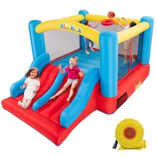 Inflatable Bounce House with Blower for 3-10 yr Kids, Bouncy Castle w/Double Slide, 300 LBS Capacity