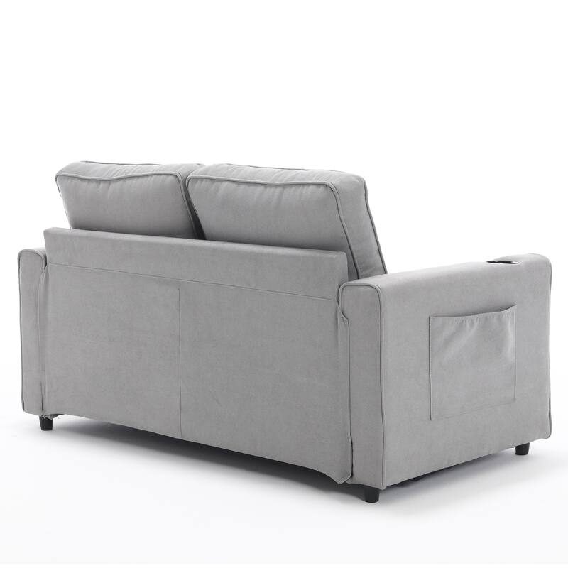 Upholstered Futon Sofa Convertible Sofa Bed Tufted Loveseat wFolding Mattress, Cup Holder & Pockets 2-seat Armchair