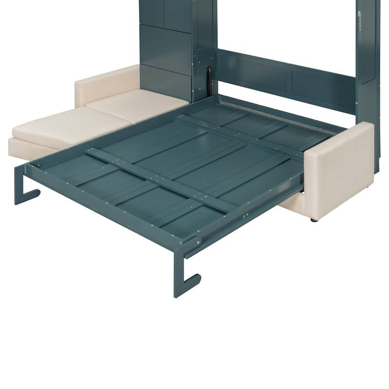 Queen Size Wall Bed with Sofa and Shelves, Green Panel, Beige Sofa