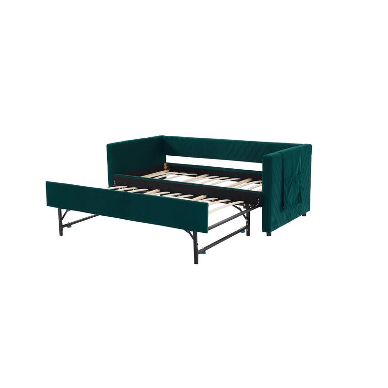 Twin Size Velvet Daybed with Trundle, USB Charging Port & Side Pockets, Modern Upholstered Sofa Bed with V-Pattern Backrest