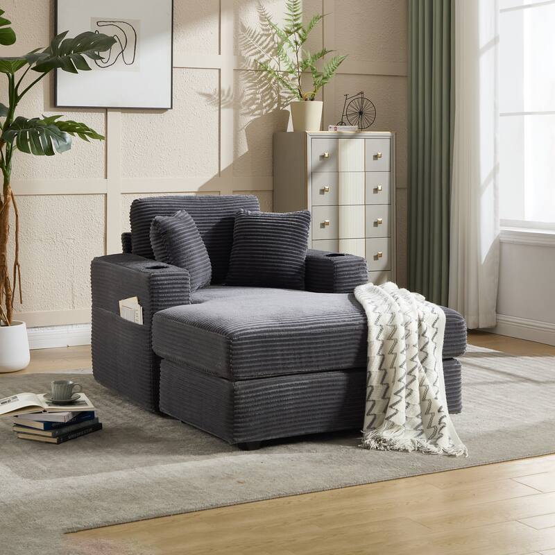 Corduroy Upholstered Chaise Lounge Sofa,Magazine bag,Detachable Cushions Deep Seat for Living Room Office