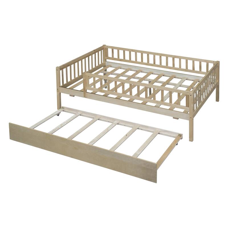 Full Size Wood Daybed with Trundle and Fence Guardrails, Space-Saving Design