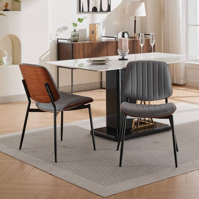 Retro Linen Dining Chairs Set of 2, Bentwood Back with Metal Legs