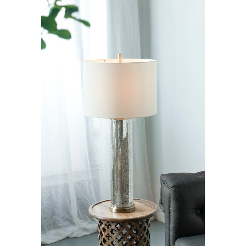16x16x35" Gold Mirrored Glass Table Lamp with White Fabric Shade - White+Gold