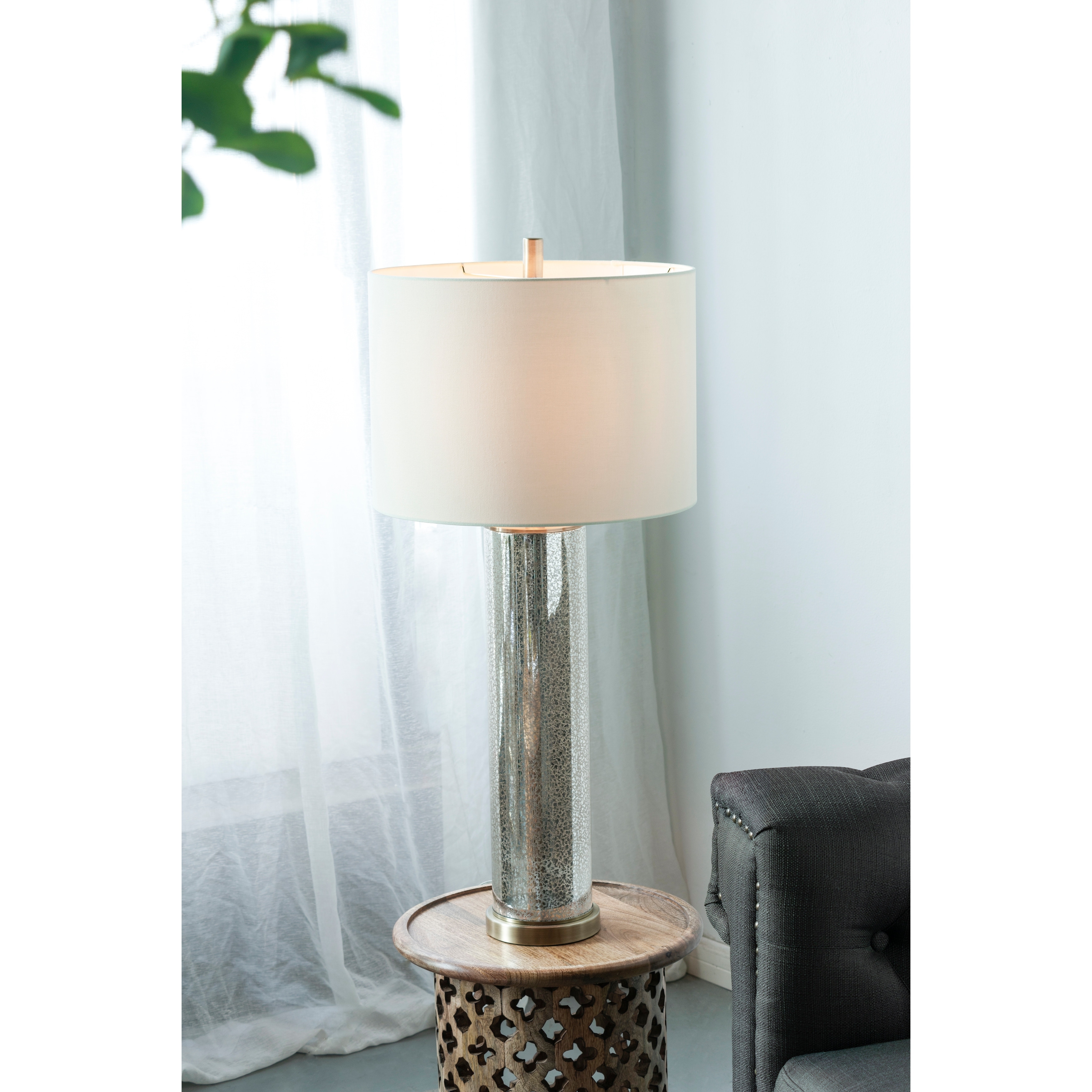 16x16x35" Gold Mirrored Glass Table Lamp with White Fabric Shade