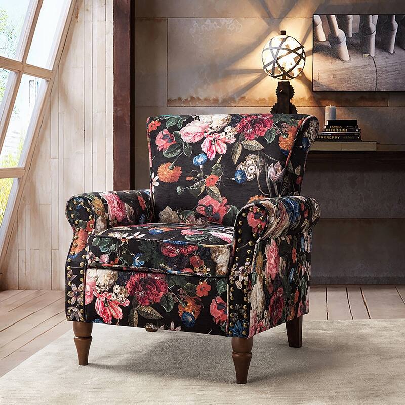Nyctelius Nailhead Trim Traditional Accent Armchair with Rolled Arms by HULALA HOME - BLACK