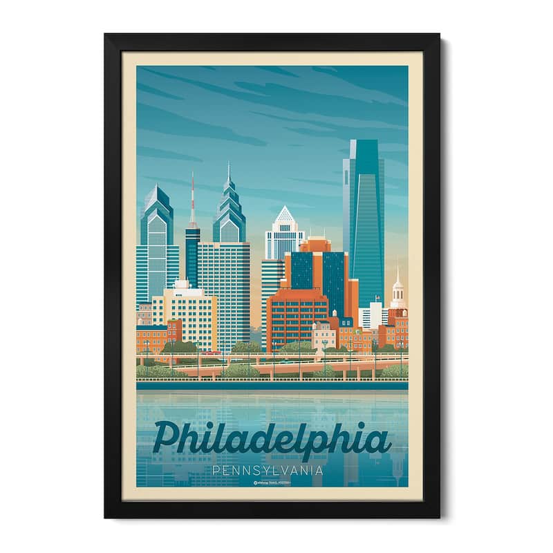 Philadelphia Pennsylvania Travel Poster Premium Framed Poster by Olahoop Travel Posters - Black - 32x24x1