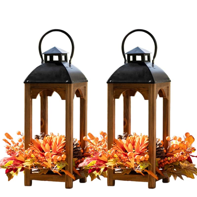 Glitzhome Set of 2 Farmhouse Church Style Hanging Candle Holders Wooden Lanterns Fall Wedding Decor