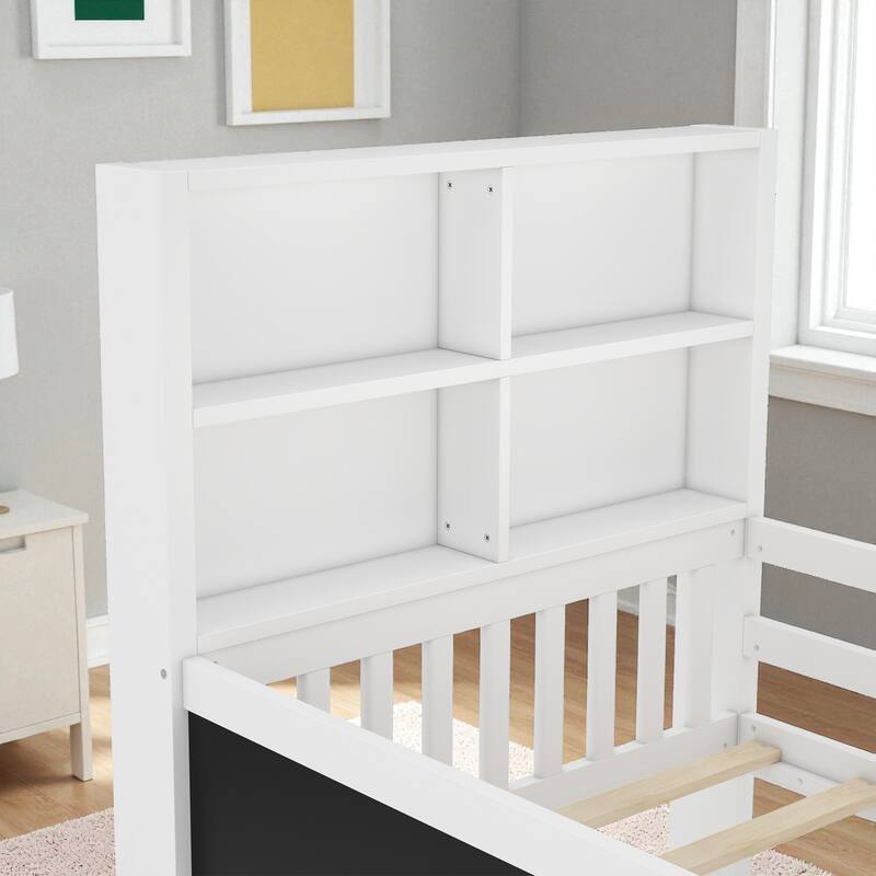 Twin/Full Solid Wood Platform Bed with Chalkboard Headboard, Storage Drawers and Shelves, Space-Saving Kids Bed