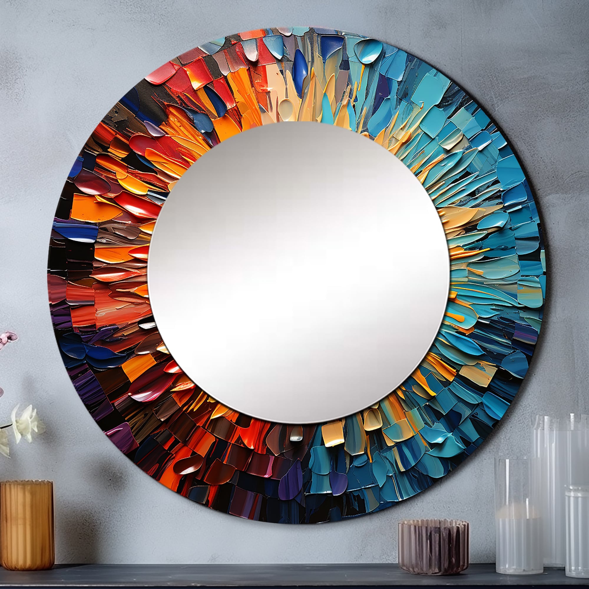 Designart "Colorful Mosaic print I" Music Large Round Mirror - Modern Multi-Color Bedroom Mirror Wall Decor