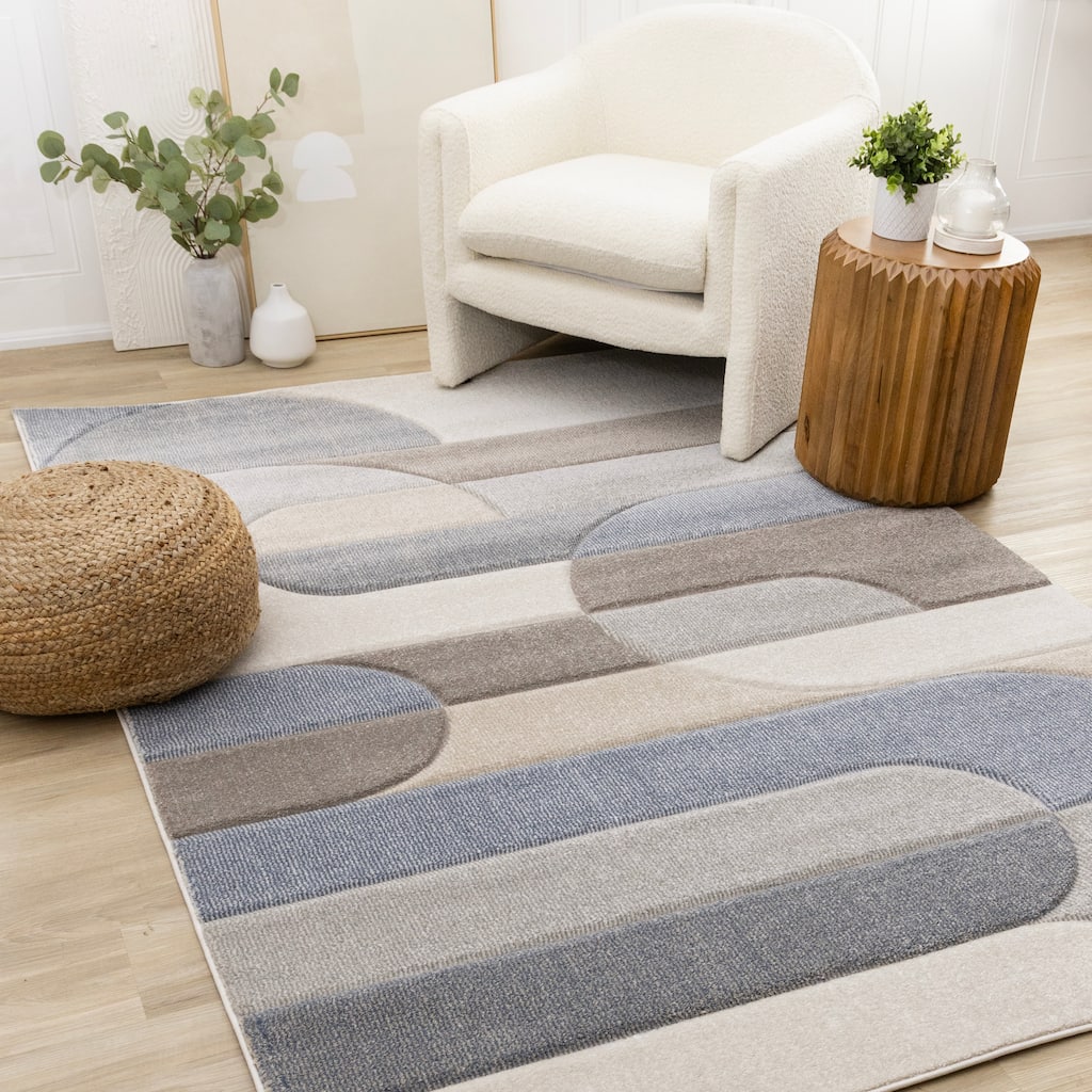 Fabio Collection - Rounded Modern Geometric Blue Grey Area Rug