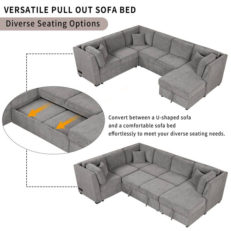 U-shaped Sectional Sofa Pull out Sofa Bed with Two USB Ports, Two Power Sockets, Three Back Pillows and a Storage Chaise
