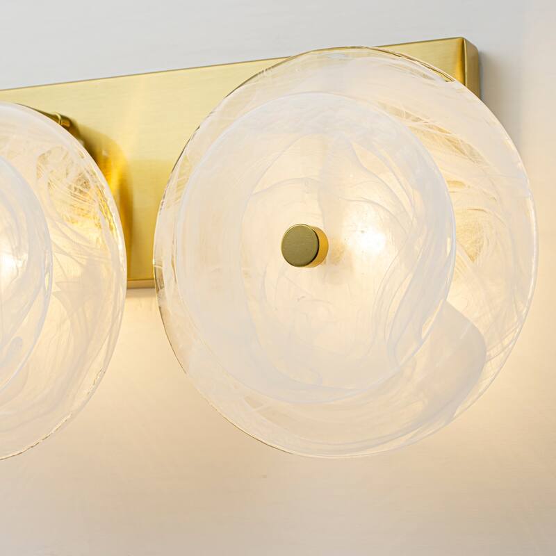 3-Light Mid-Century Modern Brushed Brass Vanity Light with Cloud-Textured Round Glass glass disc