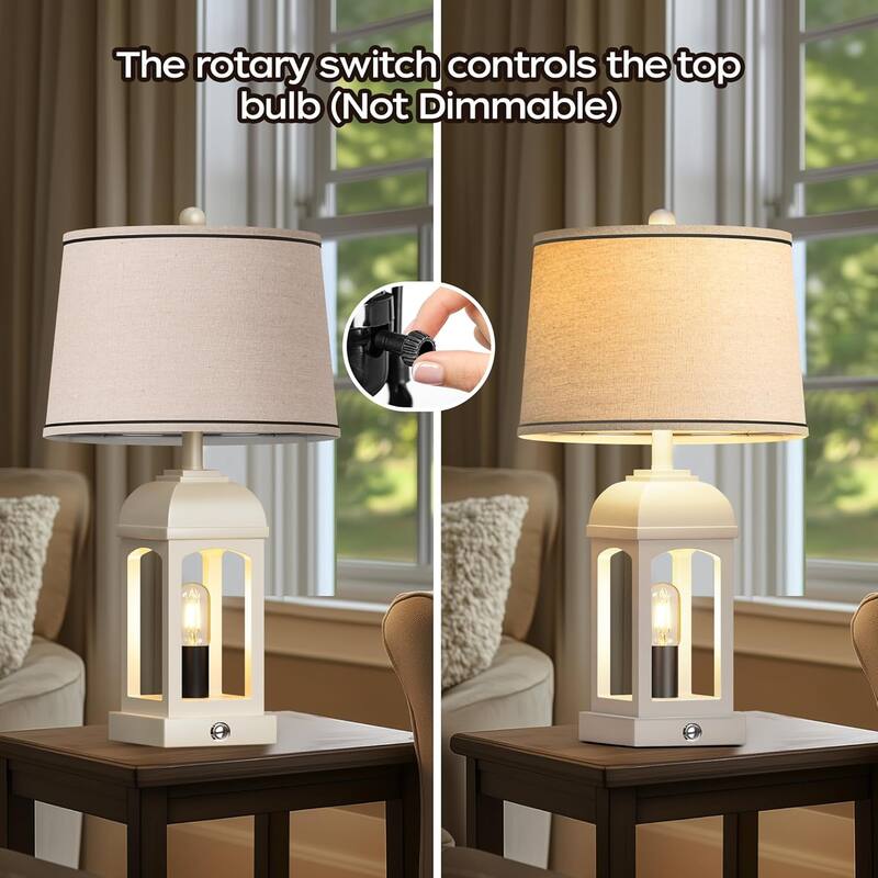 Anmytek Farmhouse Table Lamps Set of 2 White Rustic Touch Dimmable Lamp with USB Charging Nightlight