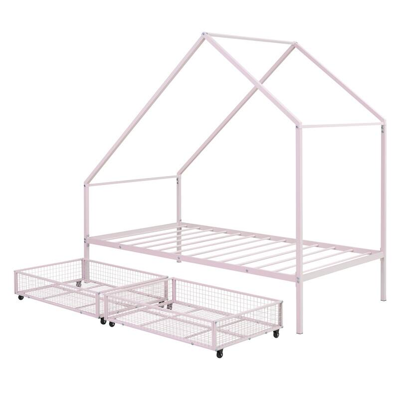 Twin Size House Bed with Two Storage Drawers, Metal Montessori Bed Frame HeavyDuty Cottage