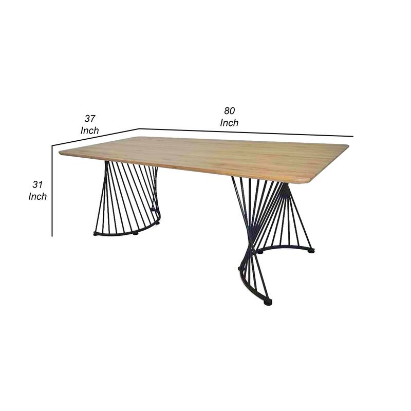 80 Inch Dining Table, Natural Oak Brown Top, Dual Pedestal Metal Base