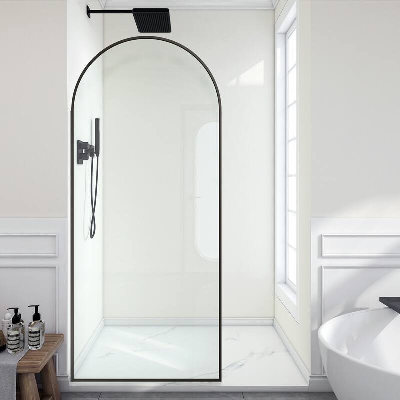 Ember Series 34 in. W x 78 in. H Fixed Framed Shower Door in Black, Gold or Nickel Finish with Clear or Fluted Glass