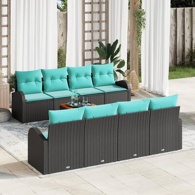 vidaXL 9 Garden Sofa Set with Cushions Black Poly Rattan - 92.1 x 24.4 x 27.2