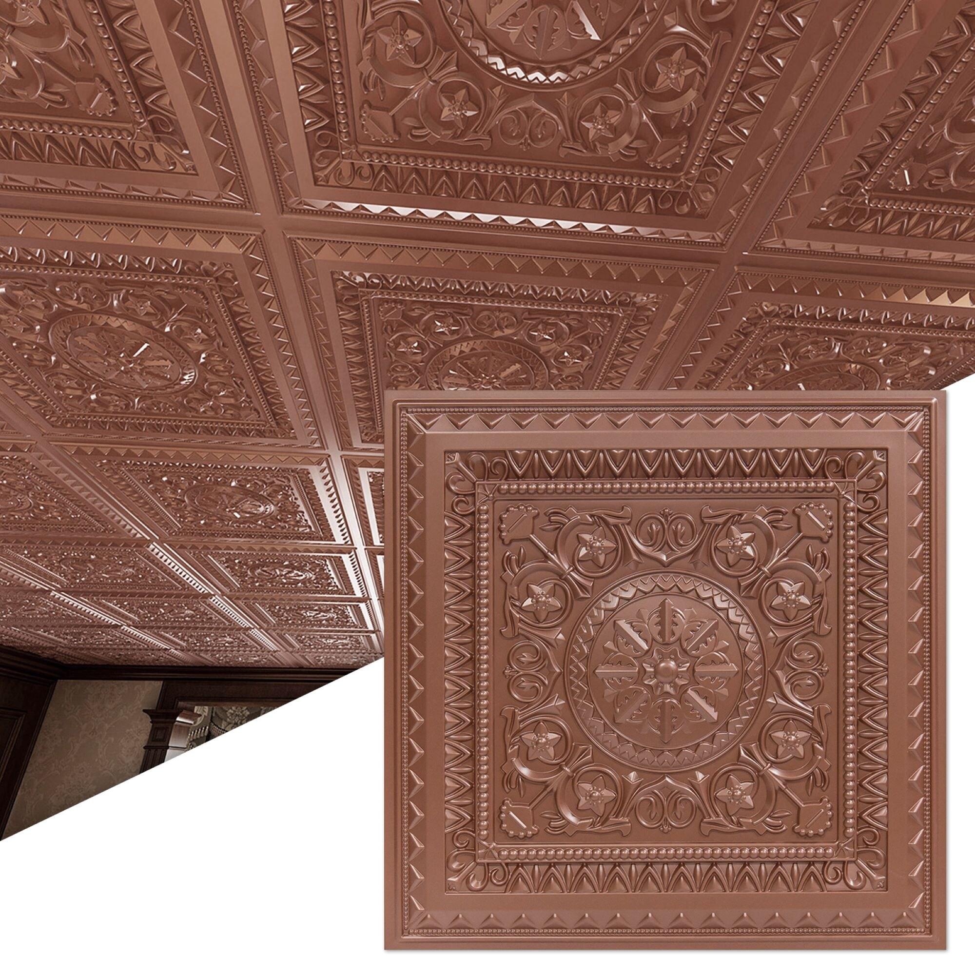2x2 Foot Decorative Ceiling Tile - Gold/Black/Red PVC Faux Tin Design, Glue-Up
