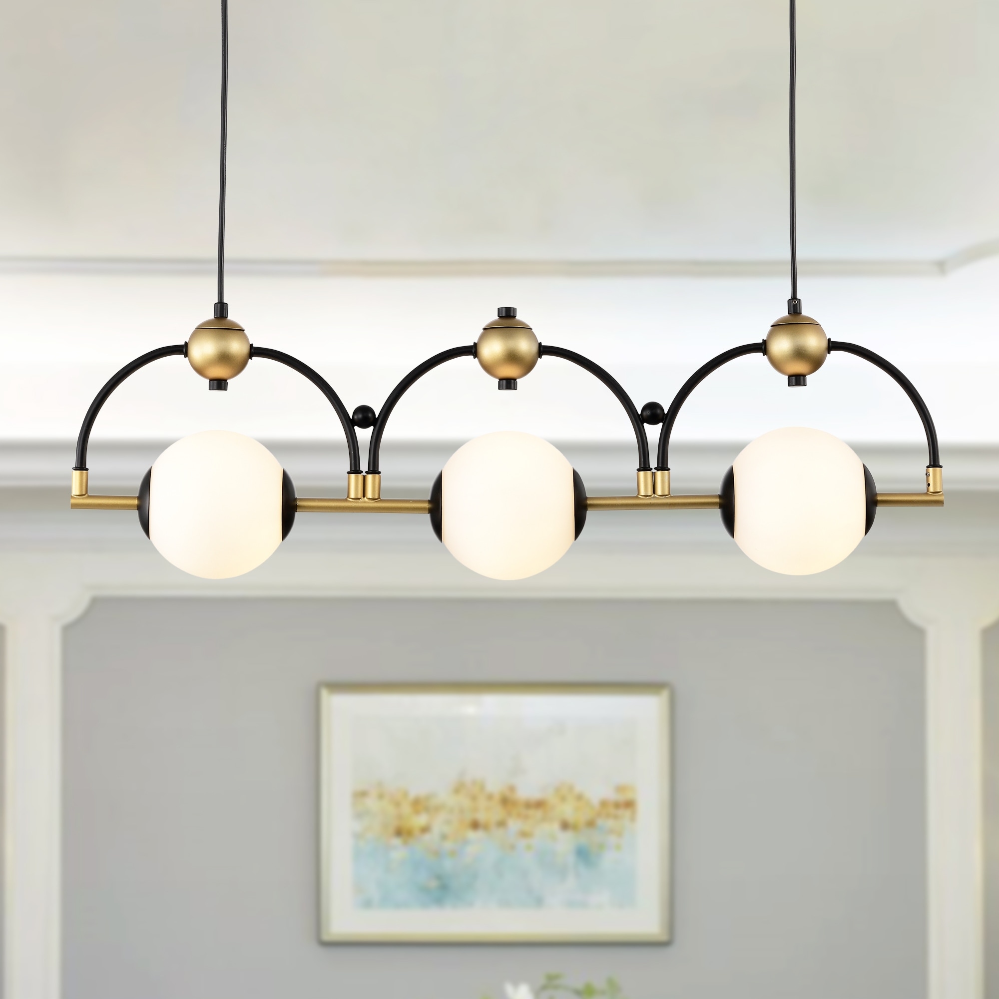 Warehouse of Tiffany 27" Polox Matte Black and Gold 3-Light Chandelier Opaque Globes - Matte Black-Gold