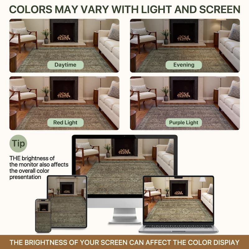 Mcow Vintage Floral Low-Pile Machine Washable Non-Slip Area Rug