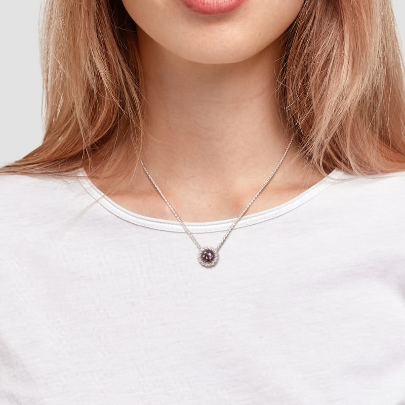 Miadora Black Cultured Freshwater Pearl 1/6ct TGW White Topaz Floral Necklace Sterling Silver