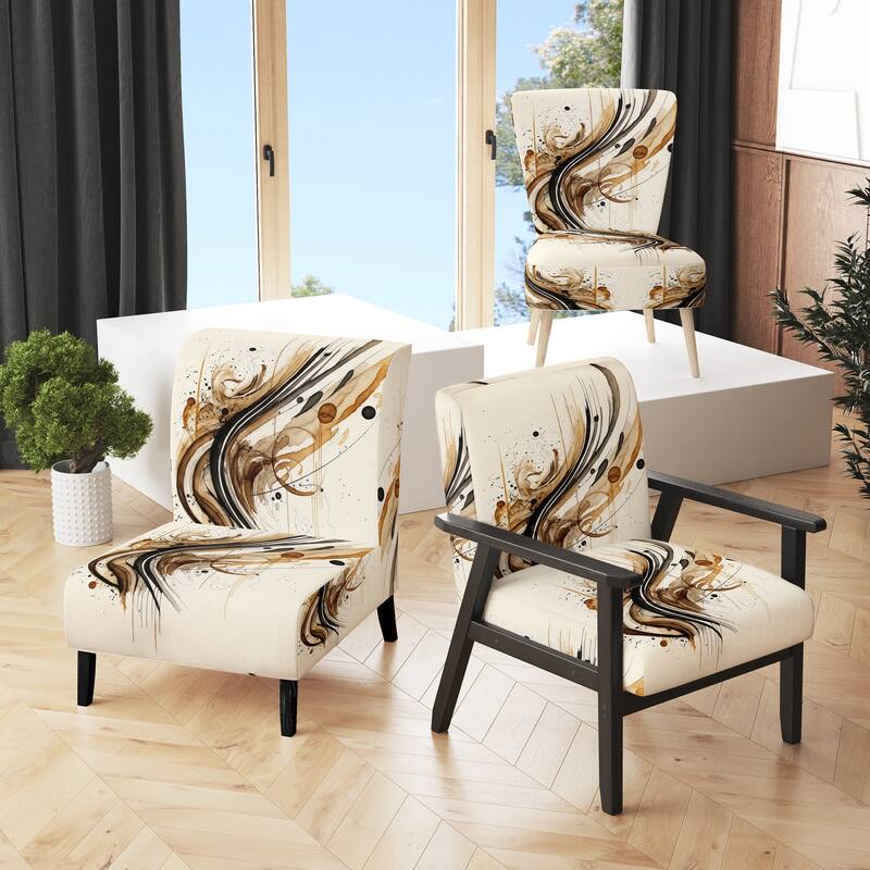 Designart "Brown And Black Movement I" Upholstered Modern & Contemporary Accent Chair and Modern & Contemporary Arm Chair