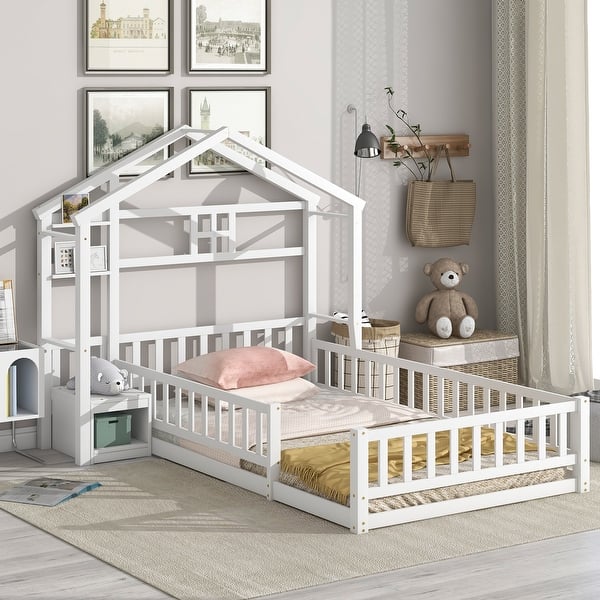 slide 2 of 18, Twin Size House-Style Headboard Floor Bed with Built-in Stand, Guardrails, and Slats Support White