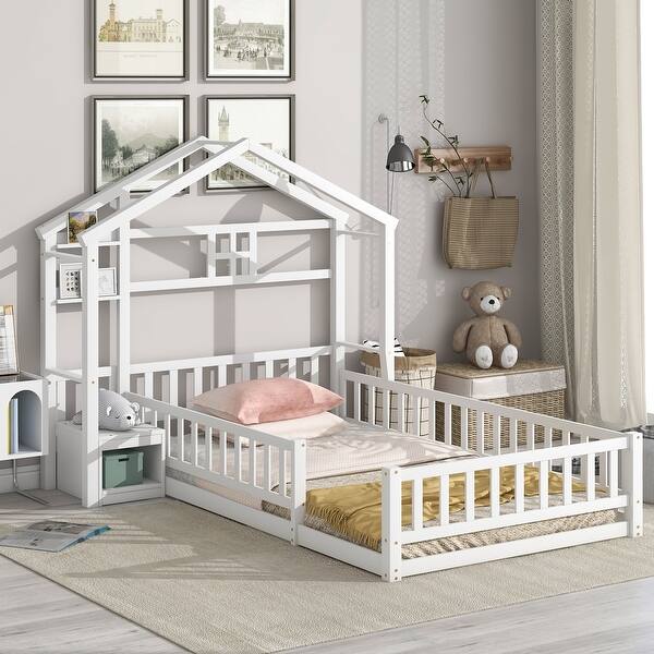 slide 2 of 9, White Twin Size Pine Wood House-Style Headboard Floor Bed with Fence Guardrails without cushion White