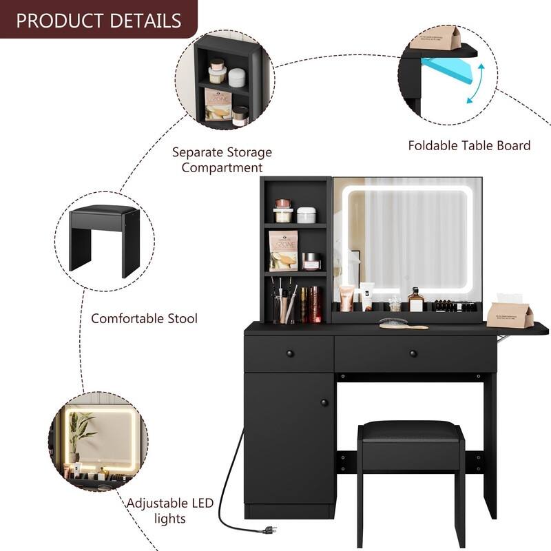 Vanity Desk with Mirror, Charging Station, Drawers, Shelves, Cabinet, Stool