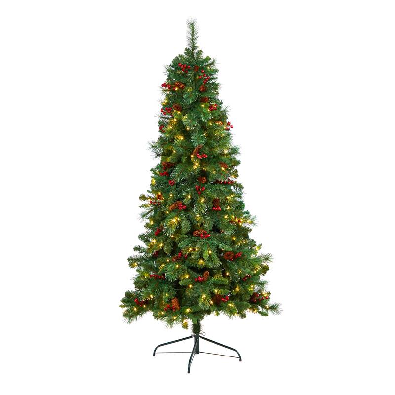 6' Flat Back Montreal Mountain Pine Artificial Christmas Tree with Pinecones, Berries and 150 Warm
