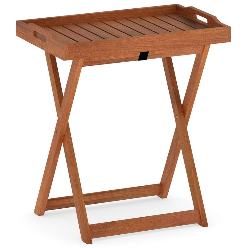Natural Wood Side Table with Removable Serving Tray and X-Frame Ideal for Patio Garden or Home - 24.5" x 19.5" x 27"